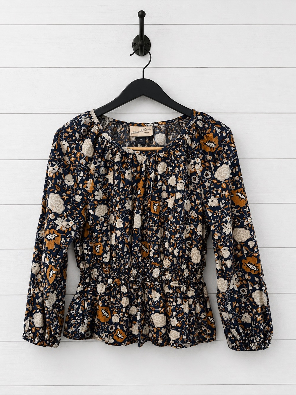 🖤 Universal Thread Navy Floral Smocked Waist Peasant Blouse with Mustard & Cream